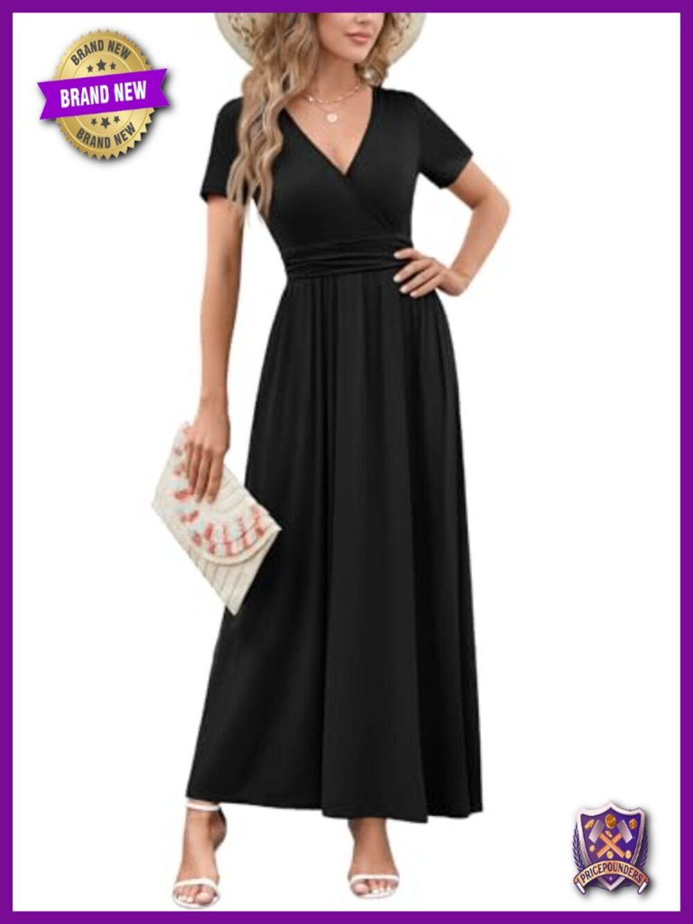Wrap Empire Pleated Waist V-Neck Short Sleeve Elegant Maxi Dress with Pockets